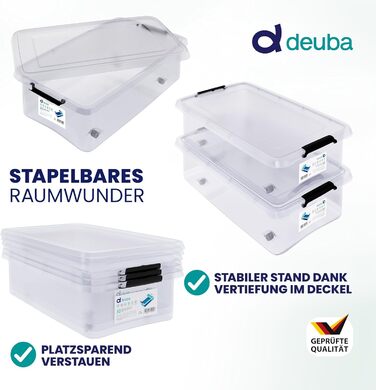 Набір контейнерів Deuba 6 шт з кришкою та колесами, прозорий пластик, BPA-free, з кліпсою, штабельовані, 30 л, для офісу, гаража, пральні