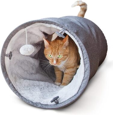 Ігровий тунель для котів CanadianCat XXL, м'який плюш, 150х35 см, сірий, з інтегрованою іграшкою