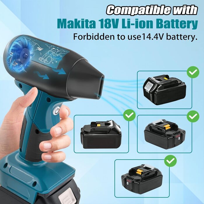 Портативний повітродув Jet Fan для Makita 18V, бездротовий міні-віник 130000 об/хв, 4 режими для очищення авто, пилу, листя, шерсті тварин