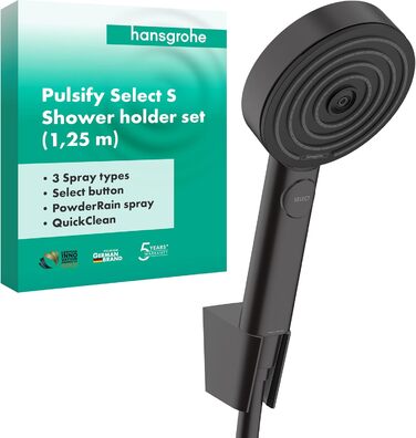 Душовий набір hansgrohe Pulsify Select S з лійкою (3 режими, включно з PowderRain), шлангом 1,25 м та тримачем, матовий чорний, 24302670