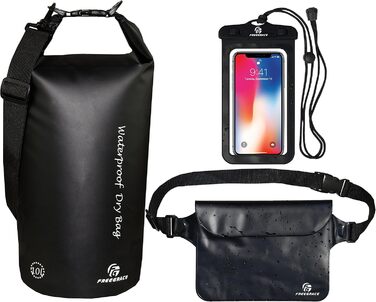 Водонепроникні гермомішки Freegrace 3 шт, з Zip-Lock, знімним ременем, поясною сумкою та чохлом для телефону, для плавання, 10 л, чорні
