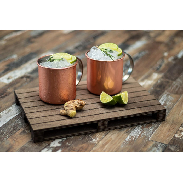 Набір для коктейлів Moscow Mule: 2 склянки по 500 мл з полірованої міді, барна ложка 27 см, джигер 5cl, чорна преса для лайма, харчова сталь, подарункова коробка