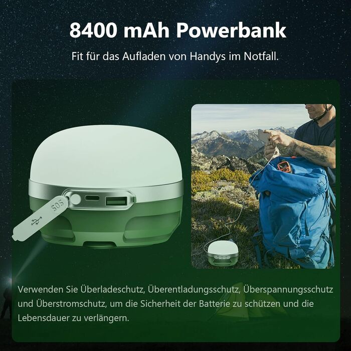 Світлодіодна кемпінг-лампа 8400mAh, RGB, USB-C, водонепроникна, з магнітом, 5 режимів, для походів та аварій