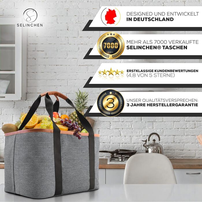 Selinchen® – Преміум кошик для покупок 30 л, складаний, з PU-шкіряною ручкою, сіра сумка-шопер, елегантний пікнік кошик