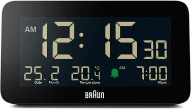 Цифровий годинник Braun BC10B з будильником, датою, місяцем, термометром, LCD-дисплеєм, швидким налаштуванням, чорний