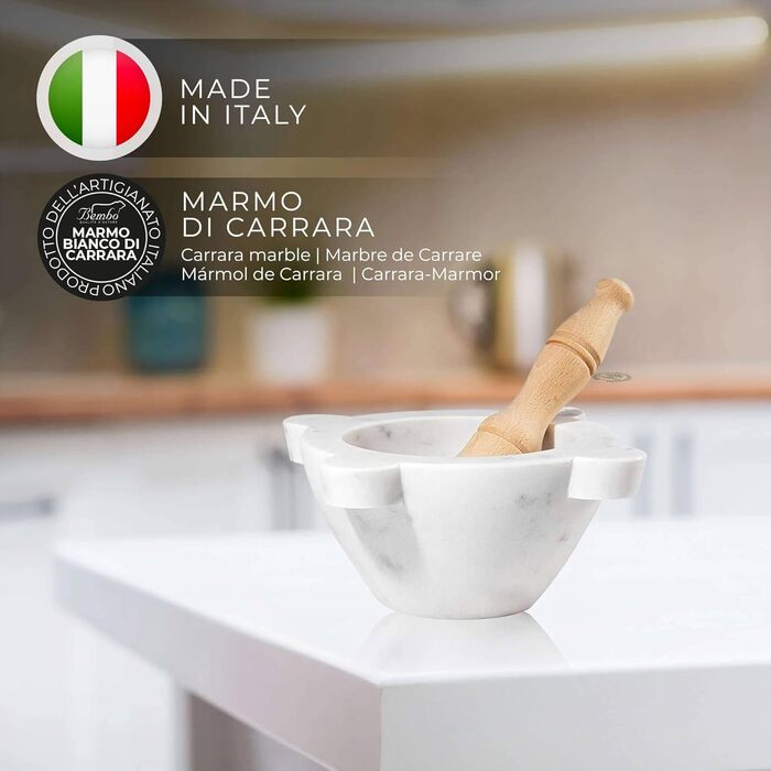 Мраморна ступка Carrara з товкачем Bembo, 20 см, для песто та спецій, італійська, модель з Генуї