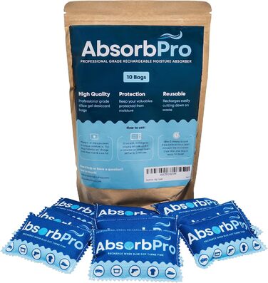 Absorb Pro Перезаряджаємий мішечок-осушувач повітря, 10 шт, 100 г, багаторазові абсорбери вологи з силікагелем для сміттєвих баків, сумок, сейфів для зброї, зберігання продуктів