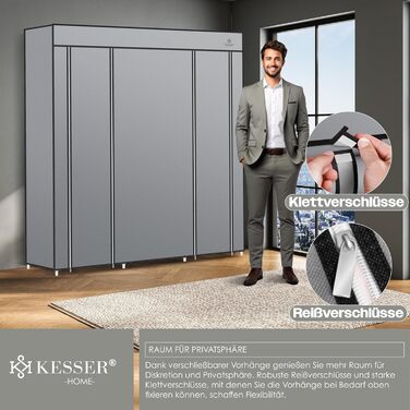 Тканинна шафа для одягу KESSER з полицями та вішалкою, 150x45x175 см, 5 вішаків, сіра, для спальні та гардеробної