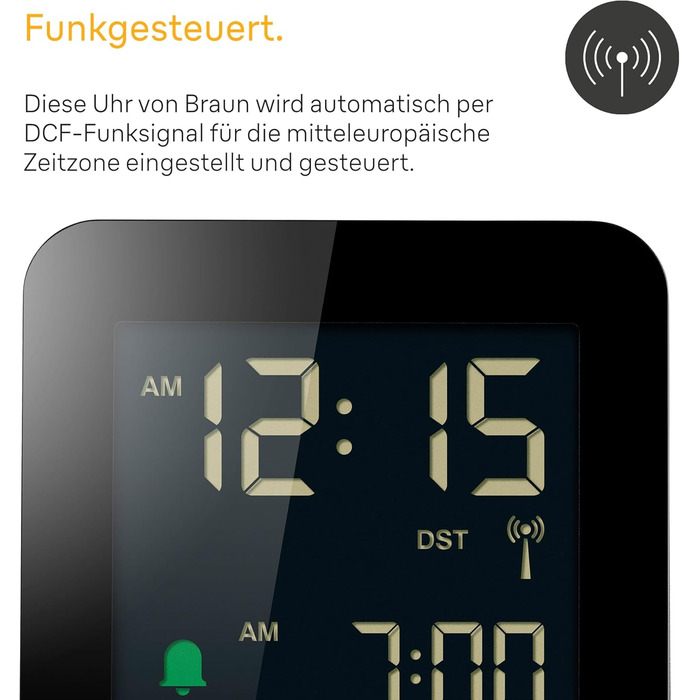 Цифровий радіо-будильник Braun BC09B-DCF з негативним LCD-дисплеєм, функцією швидкого налаштування, поступовим сигналом, режимом сну, для центральноєвропейського часу, чорний