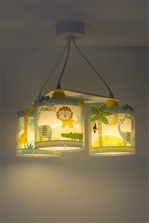 Підвісна лампа для дитячої кімнати Dalber My Little Jungle, 3 плафони, E27, різнокольорова, з малюнками тварин джунглів