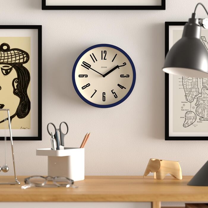 Настінний годинник JONES CLOCKS Retro 20 см, синій, великі цифри, для кухні, офісу, дитячої кімнати, ванної, водостійкий