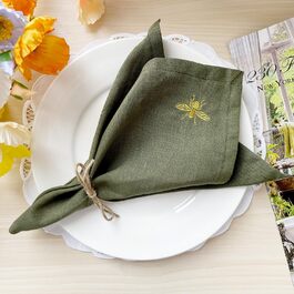 Серветки з льону DerF HOME, вишиті, 45,7×45,7 см, мохово-зелені, набір 10 шт., ручна робота, 100% натуральний льон, м'які, довговічні, машинне прання