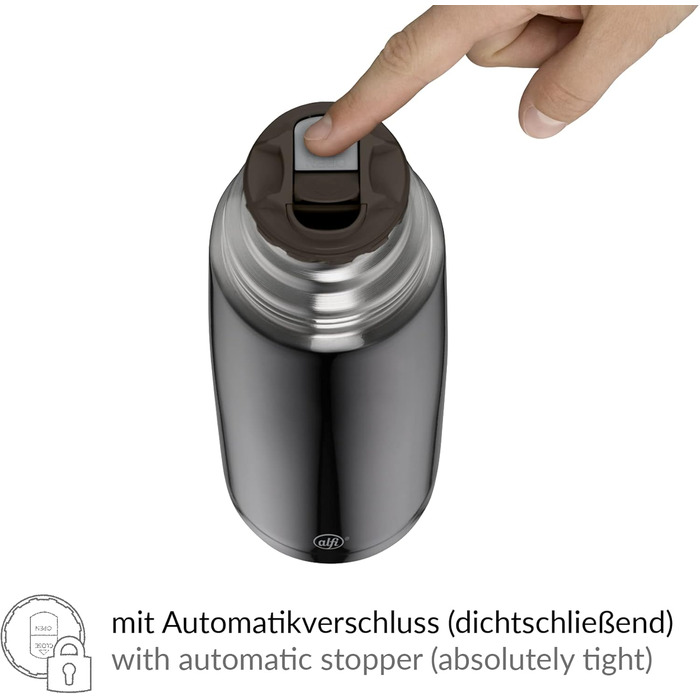 Термос alfi ISOTHERM PERFECT AV 1,0 л, нержавіюча сталь, автоматична кришка, герметичний, із термочашкою, матовий сірий, зберігає тепло 12 годин, не залишає відбитків, BPA-free
