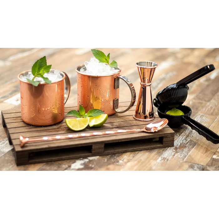 Набір для коктейлів Moscow Mule: 2 кухлі 500 мл, мірний стакан 5cl, барна ложка 27 см, чорна преса для лайму, харчова мідь, подарункова коробка