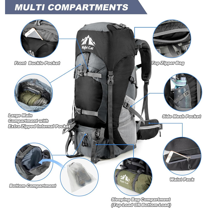 Рюкзак Night Cat Wanderrucksack 70/90 л для туризму, трекінгу, походів, подорожей, для чоловіків та жінок, дихаючий, для кемпінгу, альпінізму, велоподорожей