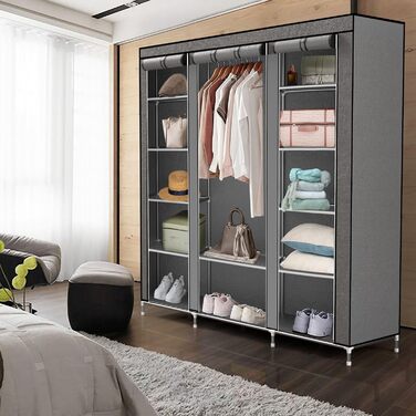 Тканинна шафа INTIRILIFE 150x175x45 см з блискавкою, полицями, штангою та бічною кишенею, для одягу, кемпінгу, сірий