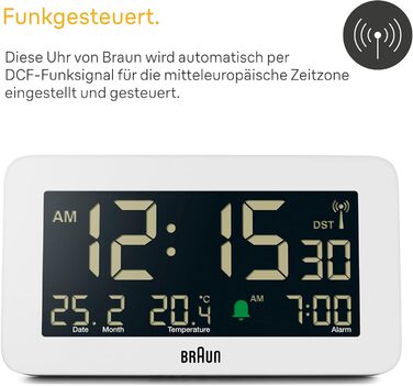 Цифровий радіокерований годинник-будильник Braun BC10W-DCF для Центральної Європи (DCF), з відображенням дати, місяця та температури, негативним LCD-дисплеєм і білим сигналом будильника
