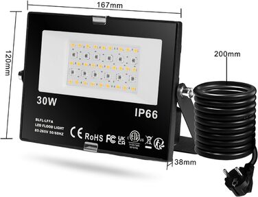 Світлодіодний RGB прожектор DUSKTEC 80W для вулиці, диміруємий, з керуванням через додаток, Bluetooth, з вилкою, зміна кольору, тепле біле світло, водонепроникний IP66, для саду, комплект 2 шт. (30 Вт)