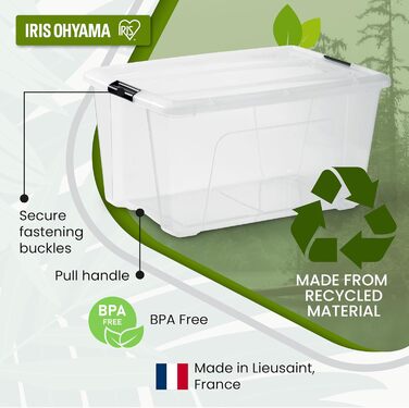 Пластикова коробка для зберігання Iris Ohyama TB-45 з кришкою, 45 л, прозора, набір 6 шт., із ручками та засувками, для одягу, дому, гаража, офісу, міцна, стійка до навантажень, штабельована