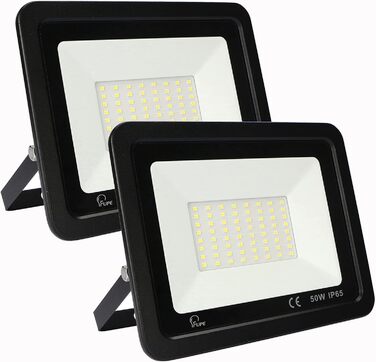 Світлодіодний прожектор 50Вт, 5000Лм, 72 LED, IP65, холодне світло 6500К, для вулиці, гаража, саду, 230В, чорний, 2 шт.