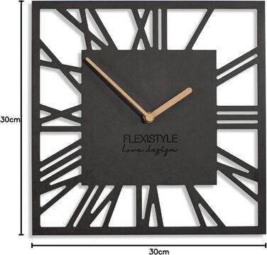 Сучасний настінний годинник FLEXISTYLE LOFT Piccolo Square 30 см, безшумний, чорний, для вітальні та ванної