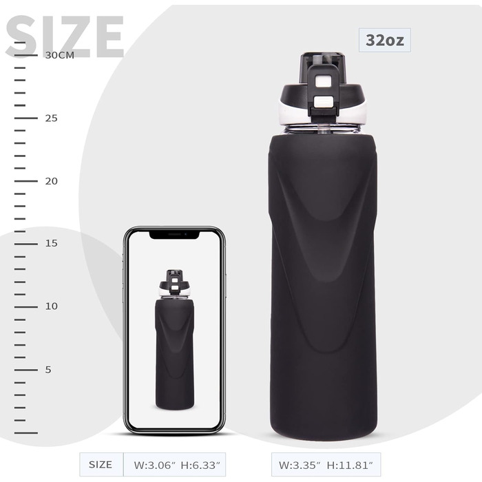 Скляна пляшка для води 1 л з трубочкою, боросилікатне скло, BPA-free, з силіконовим чохлом, чорна