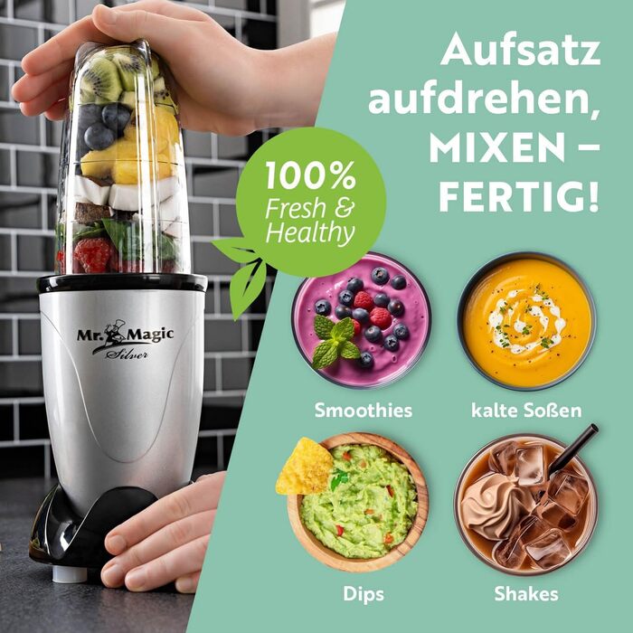 Блендер GOURMETmaxx Mr. Magic Mixer 4-в-1, міксер для смузі, подрібнювач, 8 функцій, з чашею та кришкою, для шейків, смузі, коктейлів