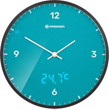 Стінастий годинник Bresser MyTime з радіокеруванням, LED-секундною індикацією, безшумним механізмом, великим циферблатом 24 см, індикацією температури, небесно-блакитний