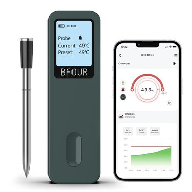 Бездротовий термометр для м'яса BFOUR з Bluetooth, водонепроникний IP67, з додатком, великий дисплей, для гриля, духовки, рожна (зелений)