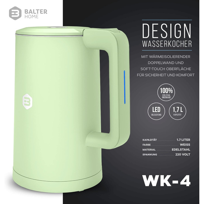 Електричний чайник Balter WK-4, 1,7 л, нержавіюча сталь, подвійні стінки, без BPA, LED підсвітка, компактний, тихий, чорний/м'ятний
