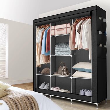 Тканинна шафа INTIRILIFE 130x175x45 см з блискавкою, полицями, штангою та бічною кишенею, складна, для одягу, для кемпінгу, чорна