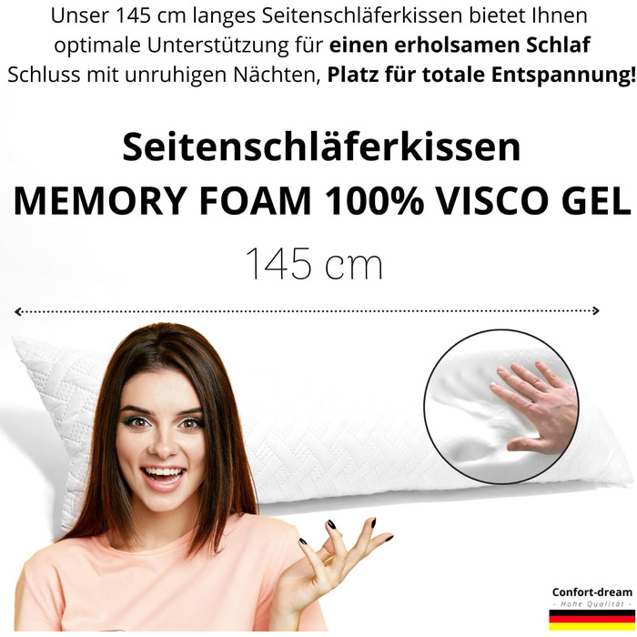 Ортопедична подушка для сну на боці Memory Foam 145 см з гелем, для дітей і дорослих, подушка для вагітних, боді-подушка, комфортна подушка для шиї та спини