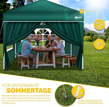 Водонепроникний павільйон Pop-Up 3x3 м, садовий намет з регульованою висотою, UV 50+, 4 стінки, зелений, сумка для транспортування