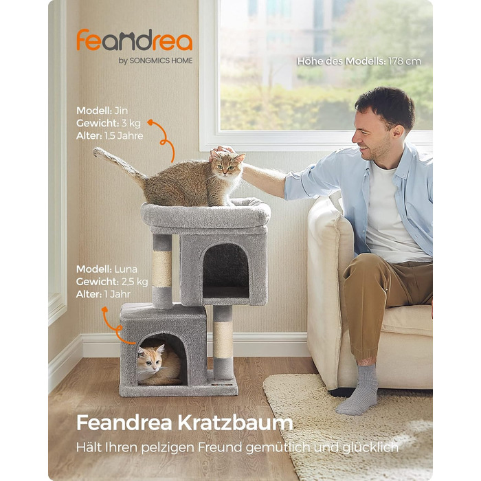 Feandrea Когтеточка для котів, 67 см, котячий будинок з великою платформою, сизалеві стовпи, для кошенят до 3 кг, світло-сірий