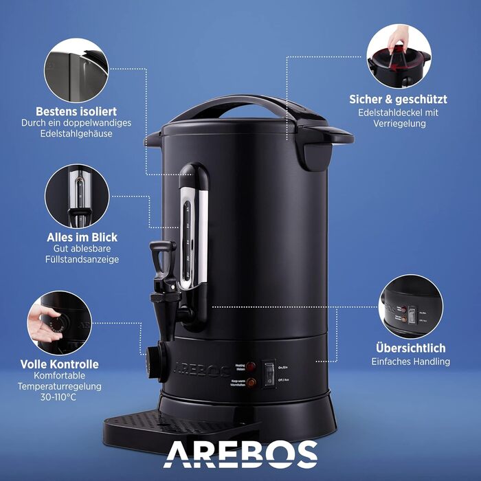 Електричний диспенсер для глінтвейну Arebos 8,8 л, 950 Вт, чорний, з піддоном, краном, термостатом і захистом від перегріву, температурний діапазон 30-110°C