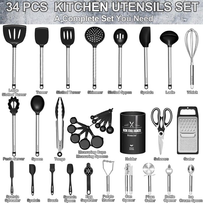 Набір кухонного приладдя Umite Chef, 34 предмети, силіконові кухонні інструменти з антипригарним покриттям, силіконові лопатки з ручкою з нержавіючої сталі, чорний, аксесуари для каструль і сковорідок