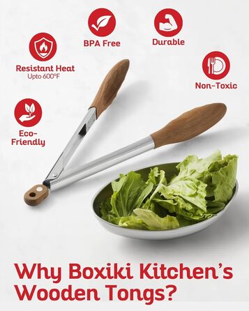 Кухонні щипці Boxiki з дерев'яними кінчиками, 30 см – ідеальні для гриля, салату, тостера, хліба та огірків, з натурального горіха