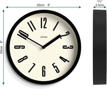 Годинник JONES CLOCKS для ванної та кухні, настінний, ретро, круглий, 20 см, чорний, легкі для читання цифри, ідеальний для кухні, офісу, дитячої кімнати або невеликих приміщень