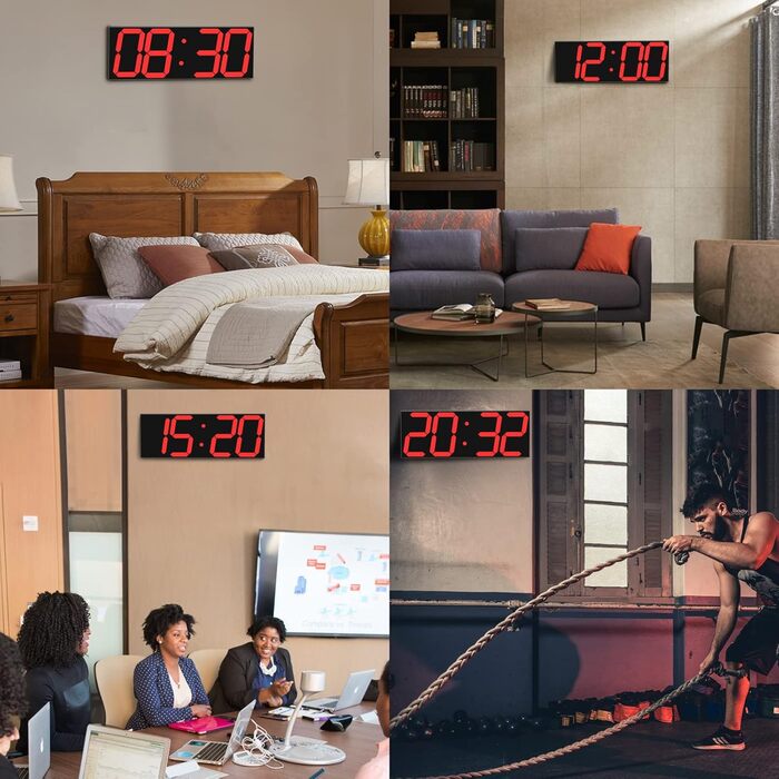 LED настінний годинник 18 дюймів, цифровий дисплей, червоний, багатофункціональний: таймер, 16 будильників, 8 рівнів яскравості, календар, термометр, 12/24 годин