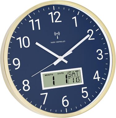 Стіна годинник Foxtop радіокерований, аналоговий, 30 см, з LCD-дисплеєм температури та дати, для кухні та вітальні, сріблястий, синя підсвітка