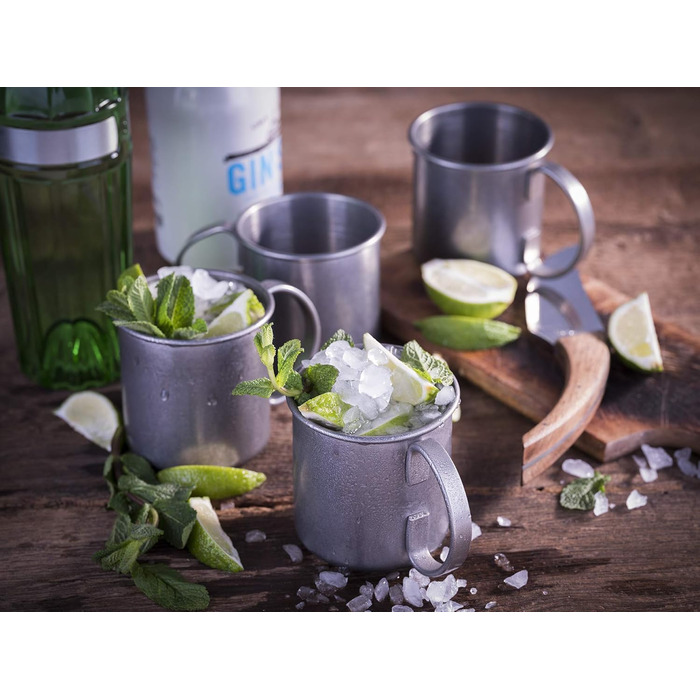Набір для коктейлів Moscow Mule: 2 келихи по 500 мл, барна ложка 27 см, мірний стакан 5cl, чорна преса для лайма, харчова нержавіюча сталь, подарункова коробка, антикварний стиль, 4 предмети