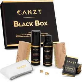 Преміум набір для чищення кросівок Canzt Black Box – для замші, нубуку, шкіри та текстилю, з засобом для взуття, серветкою, щітками, вологими серветками та дезодорантом