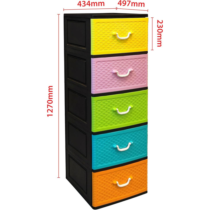 Комод 44x50x127 см з 5 великими XXL шухлядами по 40 л, фасади у стильних пастельних відтінках, сучасний дизайн, з екологічного переробленого пластику PP (чорний/пастель, Weave)