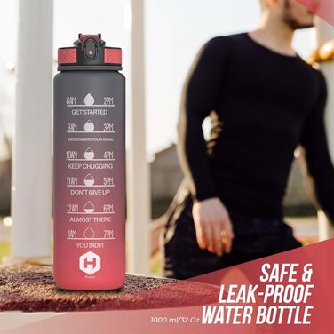 Пляшка для води 1 л BPA Free із соломинкою та часовими мітками, для велосипеда, спорту, школи та активного відпочинку, підходить для газованих напоїв, сіра та червона