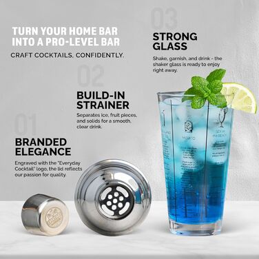 EVERYDAY COCKTAIL професійний скляний шейкер для коктейлів 400 мл, мартіні, з рецептами, прозорий барний шейкер з мірною шкалою та вбудованим ситом