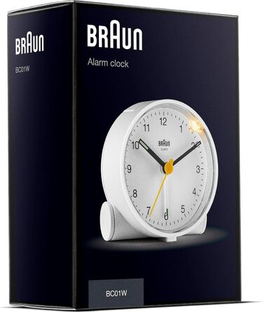Braun класичний аналоговий будильник з підсвіткою, тихий кварцовий механізм, функція дрімоти, поступовий сигнал, білий, модель BC01W