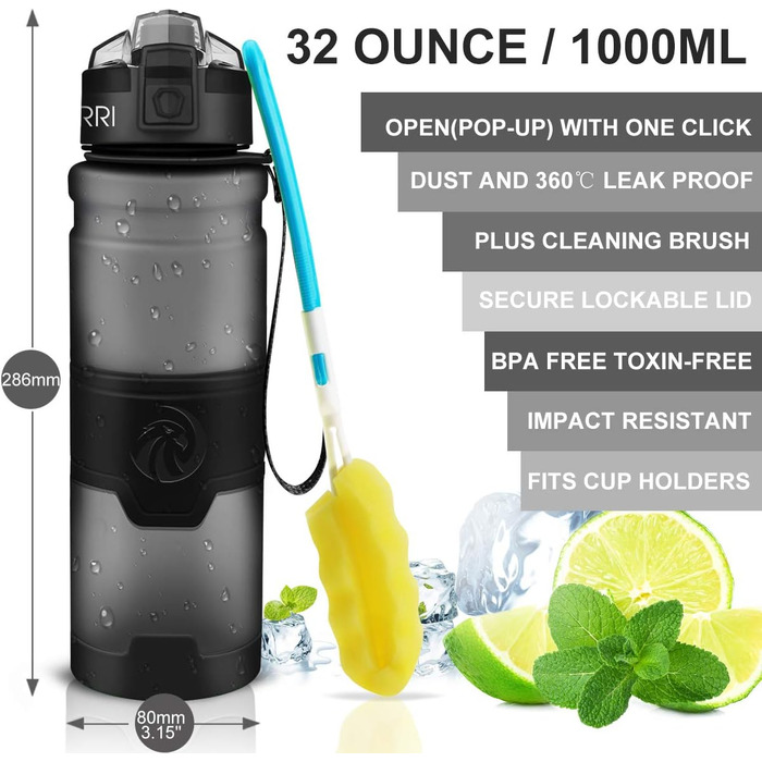 Дитяча спортивна пляшка ZORRI 1000 мл, BPA-free, тритан, з фільтром, сіра