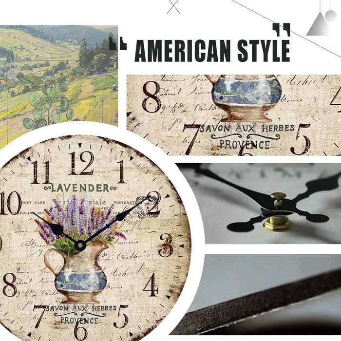 Стіна годинник YOAI кухонний вінтажний Shabby Chic, антикварний стиль, рустикальний, кварцовий, безшумний механізм, 30 см, MDF, лаванда в горщику
