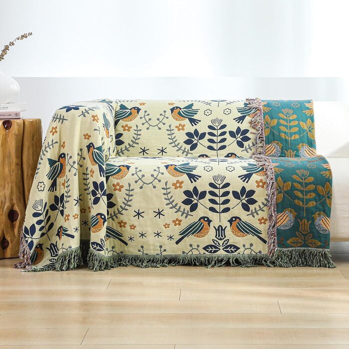 Двосторонній плед Boho 100% бавовна 200×230 см, мусліновий покривало для дивану, крісла та ліжка, м'який і затишний, синьо-бежевий