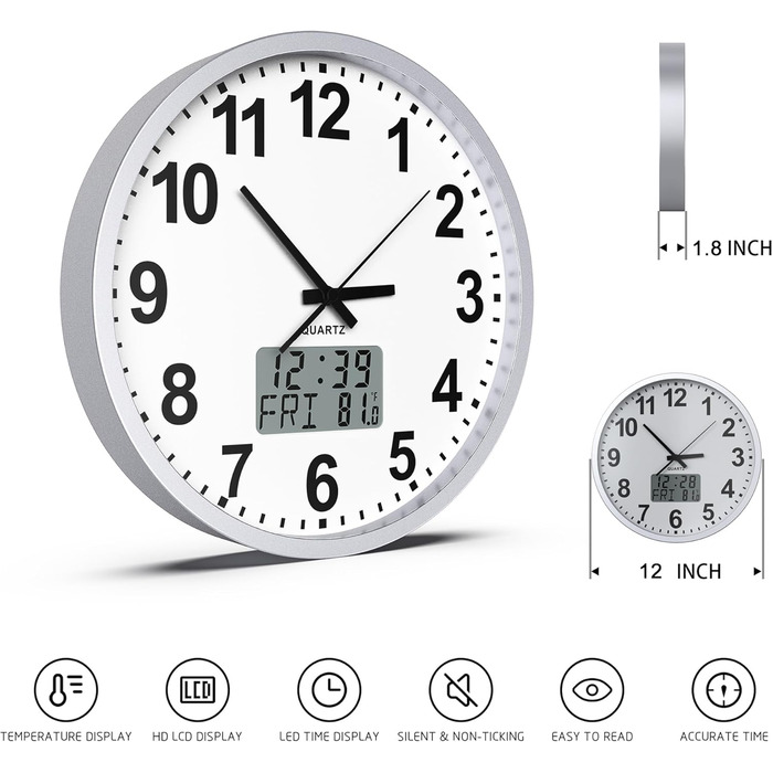 Сучасний настінний годинник KWANWA без тикань, цифровий LCD/LED дисплей, календар і температура, на батарейках, 30,5 см, 12-годинний формат, для кухні, спальні та офісу